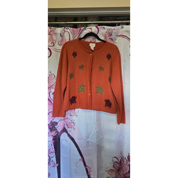 Vintage‎ Crystal Kobe Petite Small Fall Brown Cardigan Autumn Leaves - Picture 1 of 8